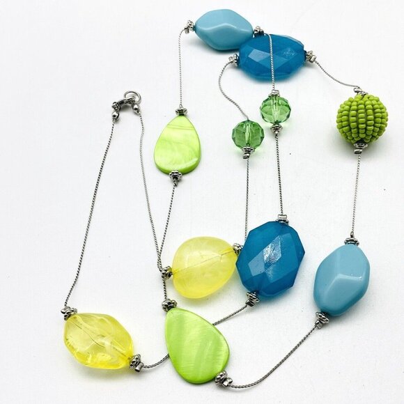 Beaded Station Necklace Silver Tone Blue Green Yellow Beach Coastal - Picture 2 of 7